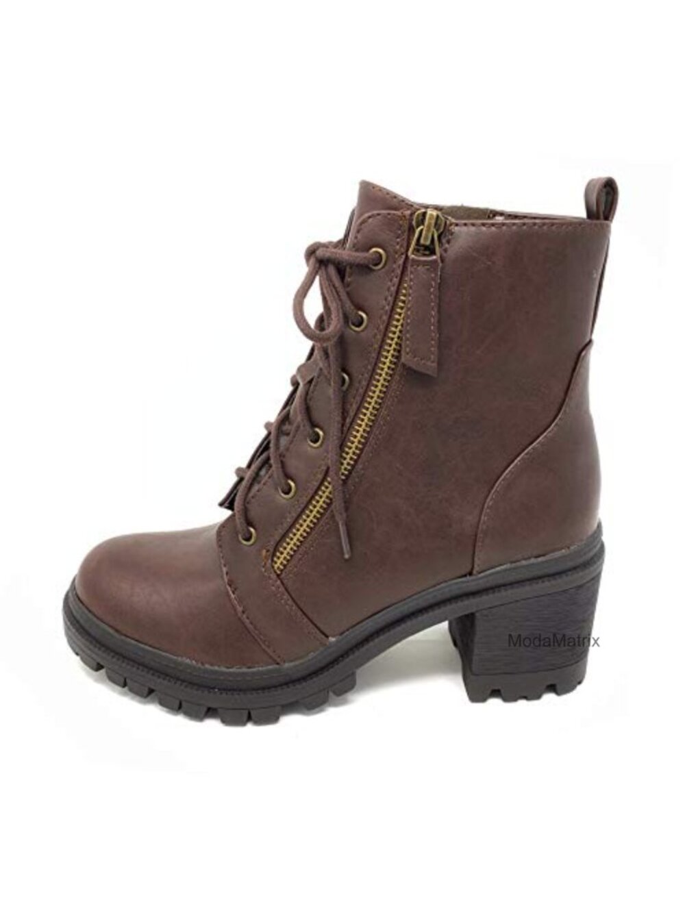 Faux Leather Lace Up High Chunky Heel Ankle Booties